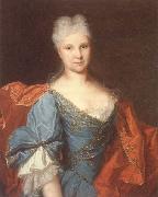 unknow artist Portrait of a lady,half-length,wearing a blue embroidered dress with a scarlet mantle oil painting reproduction